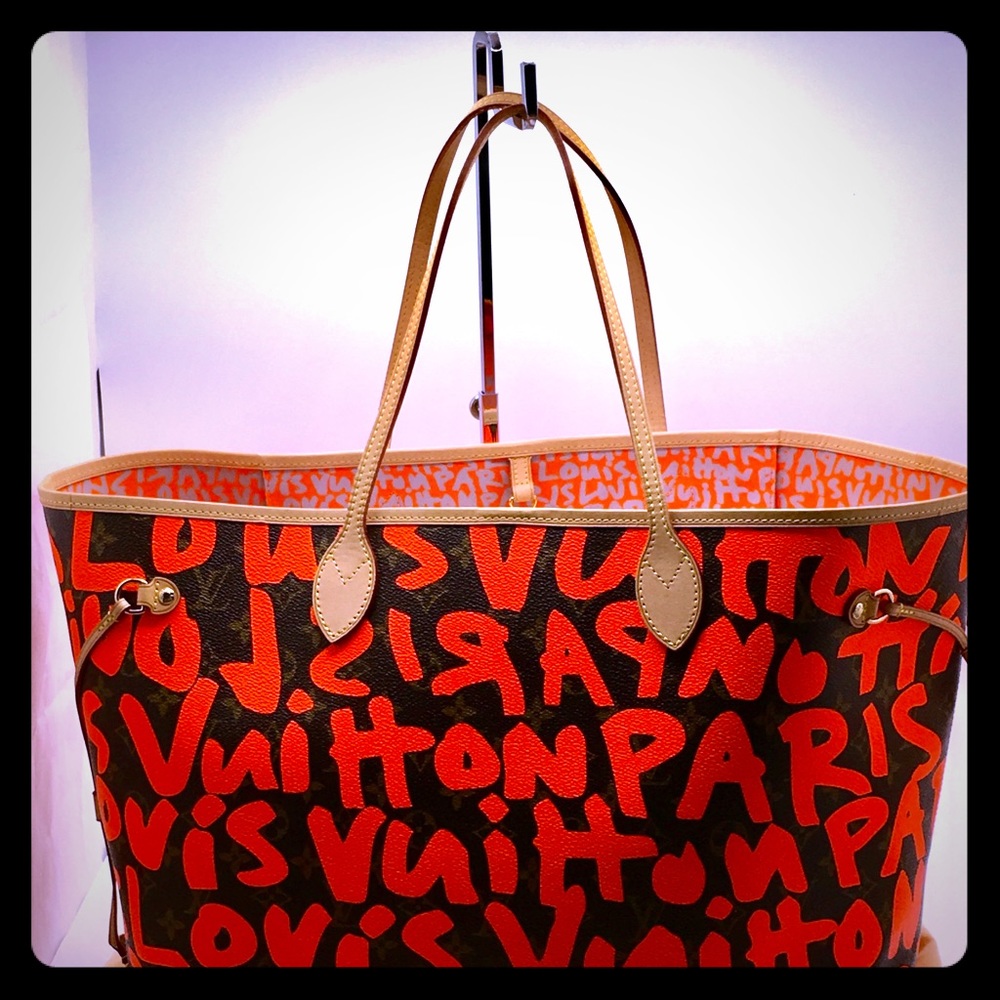 Louis Vuitton Red Graffiti on Brown Canvas Neverfull Tote